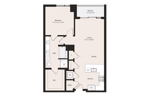Deco A2-2 floor plan 1 bedroom 1 bathroom 863 square feet